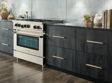 Modern kitchen with a stainless steel stove and dark cabinetry, accented by decorative items and a clean design.