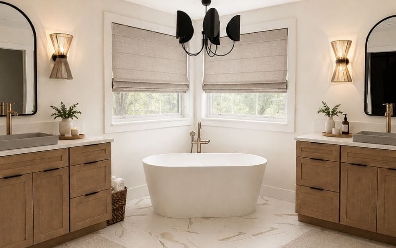 Modern bathroom interior featuring a standalone bathtub, wooden vanities, mirrors, light fixtures, and windows with fabric shades.