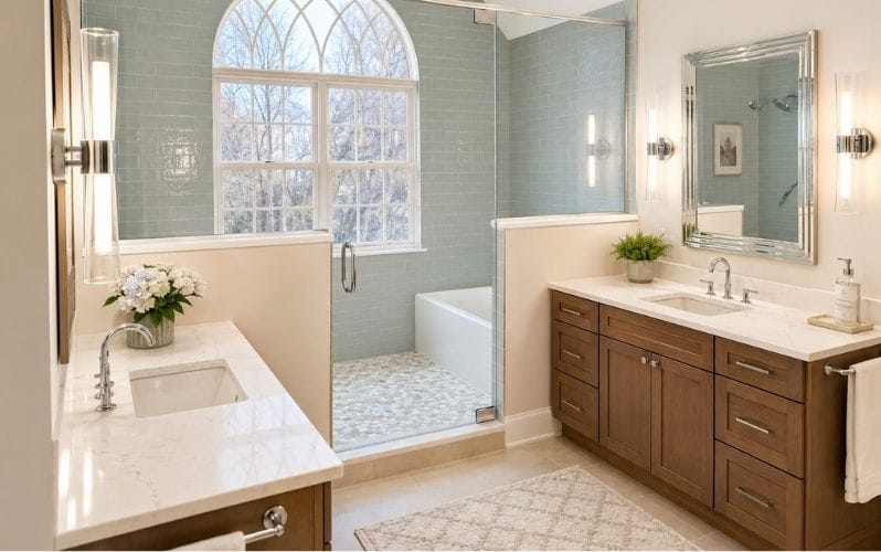 Modern bathroom featuring light wooden cabinetry, marble countertops, and a glass shower enclosure with an arched window.
