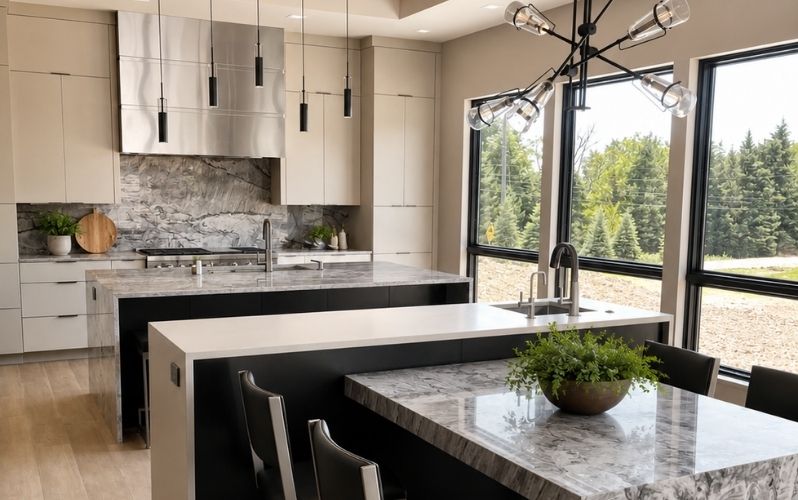 Modern kitchen with marble countertops, pendant lighting, stainless steel appliances, and large windows with an outdoor view.