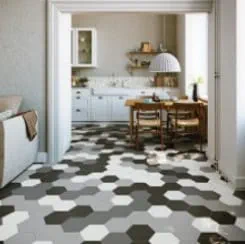 Multicolor hexagon floor tile in a living room and kitchen