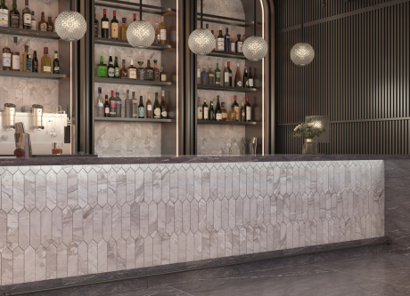 An elevated bar backsplash