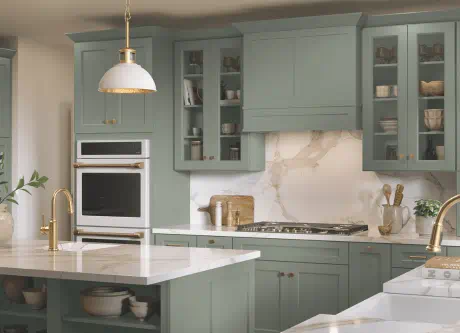 Green cabinetry stands out against white countertops and backsplash with gold kitchen hardware